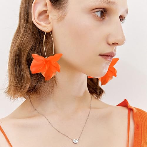 Exaggerated Bohemian Resin Rose Flower Petal Dangle Drop Earrings Long Acrylic Tiered Floral Tassel Earring for Women - color: Orange