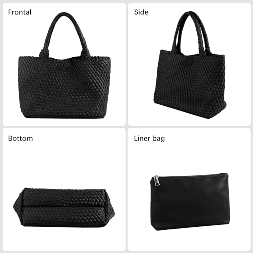 Woven Tote Bag Womens Purse Vegan Leather Shoulder Handbags Fashion Summer Beach Tote Bags Large Travel Totes - color: Black