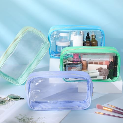 9 Pcs Preppy Clear Makeup Bag DIY Chenille Letter Pouch Large Nylon Makeup Bag Travel Toiletry Zipper Cosmetic Organizer Pouch PVC Bags for Women, 9.5 x 5.1 x 2.8 Inch(Blue Green) - color: Blue Green