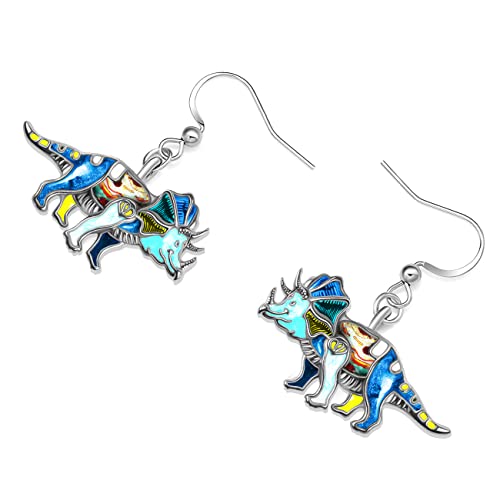Enamel Alloy Dinosaur Fantasy Dragon Earrings Drop Dangle Unique Animal Jewelry For Women Dragons Gifts - color: Dinosaur Triceratops Blue