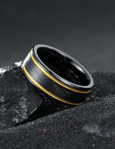 King Will Mens Tungsten Rings for Men Two Tone Grooved Mens Wedding Band Cool - color: Black & Gold Two Groove