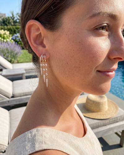 MUMREUES Gold Earrings for Women Trendy 14K Gold Plated Dangle Earrings Small Hoop Huggie Drop Stud Earrings Cubic Zirconia Simple Minimalist Dainty Chain Tassel Hypoallergenic Earrings - color: Tassel & Rose Gold
