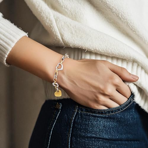Emibele Heart Charm Bracelet for Women, Bible Verse Bracelet Stainless Steel 18K Gold Plated Bracelet Love Pendant Link Chain OT Clasp, Birthday Christmas Jewelry Gift for Mother Her - color: Silver Pendant