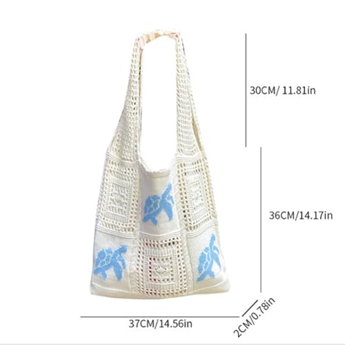 White Crochet Summer Tote Bag – Cute Small Mesh Knitted Beach Handbag, Boho Crochet Travel Shoulder Purse with Turtle, Woven Crossbody Knitting Bag for Women, Beach Essentials