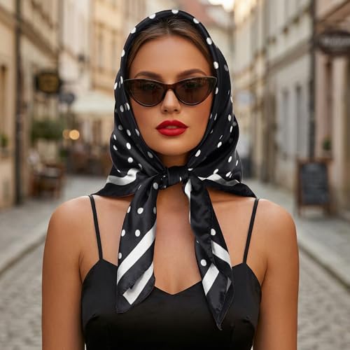 Pistha Head Scarf Bandana for Women, Satin Scarf for Hair, Large Square Silk Bandana Headscarf for Women and Men 35 Inch - style: Dot-black
