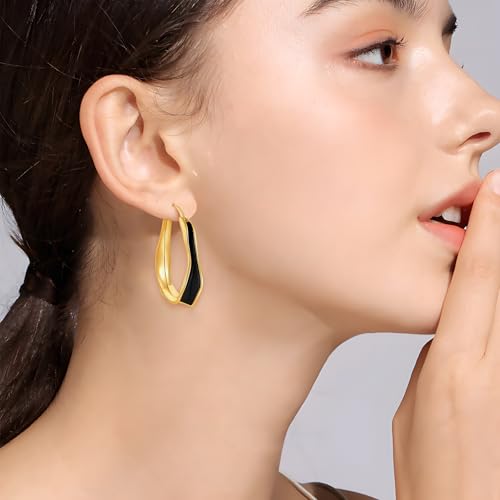 Chunky Hoop Earrings for Women Thick Minimalist Geometric Huggie Hoop Earrings Dainty Thick Y2K Preppy Earrings - style: irregular wave black