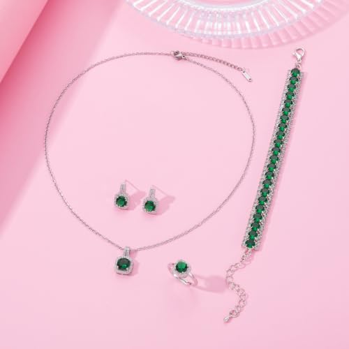 Paxuan 4pcs Cubic Zirconia Wedding Jewelry Sets for Bride Bridesmaid Cubic Zirconia Pendant Necklace Earrings Link Tennis Bracelet Open Ring Set for Women - color: Silver Plated Emeraald Green Cubic Zirconia