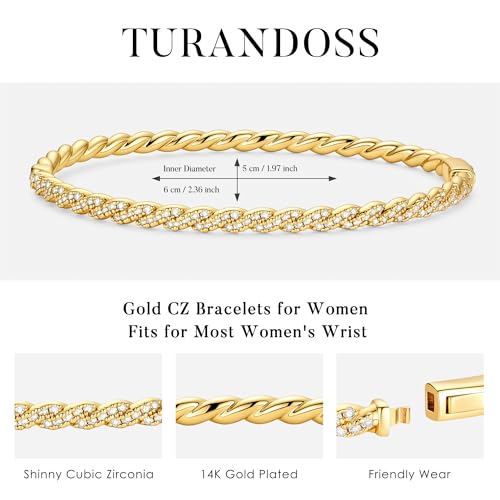 Turandoss Gold Bangle Bracelets for Women - Dainty 14K Gold Plated Tennis Bangle Bracelet Personalized Cubic Zirconia Oval Cuff Bracelets Jewelry Gifts - color: Half CZ Bangle - Twisted Tennis