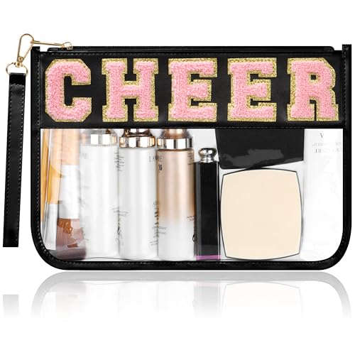 BuyCard Cheer Chenille Letter Bags Clear Makeup Bag, Cheerleader Gifts Cosmetic Bag, Varsity Preppy Patch Flat Pouch Cheer Accessories, Waterproof PVC Organizer Toiletry Bag for Women Girls Black - color: Black-Cheer