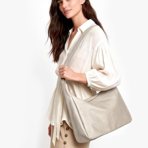 Brown Shoulder Bag for Women,Brown Leather Purse Slouchy Hobo Bags Everyday Purse Daily Commuting Bag with Zipper - color: White