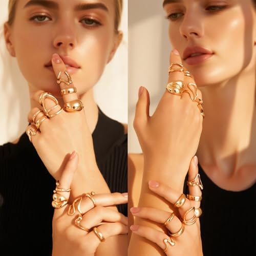 IFKM Gold Chunky Rings Set for Women 14k Gold Plated Thick Dome Stackable Open Rings Trendy Dainty Minimalist Jewelry Gifts - color: Gold, style: Irregular