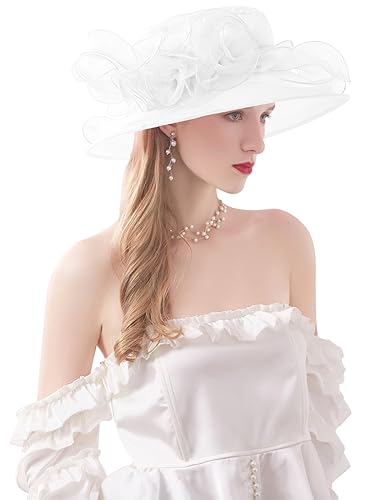 ORIDOOR Women’s Organza Church Tea Party Wedding Fascinator Derby Hat Wide Brim Sun Hats - color: D5-white
