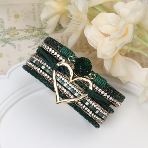 Leather Wrap Bracelet for Women, Boho Cuff Bracelet with Strong Clasp, Multi-Layer Crystal Leather Bracelet for Valentine Mother's Day - color: 01-Heart-Green