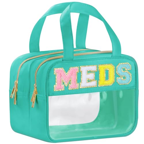 BuyCard Chenille Letter Clear Medicine Makeup Bag for Travel, Preppy Patch Nylon Cosmetic Meds Pouch with Handles and Zipper, Waterproof Large Travel Toiletry Purse Storage for Women Green - color: Green-MEDS