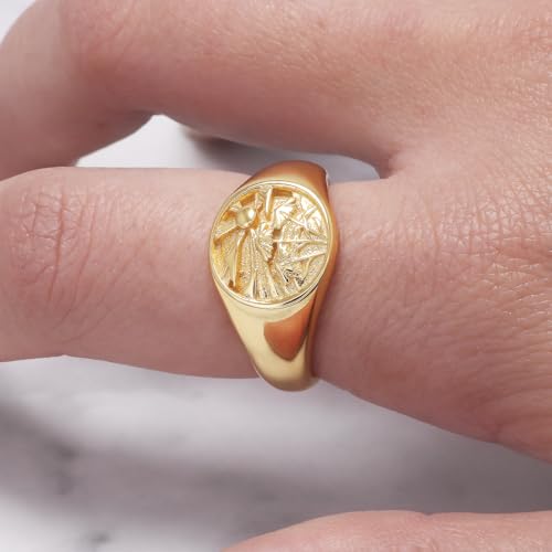 925 Sterling Silver Chunky Signet Rings for Men Women Coin Ring Mens Pinky Ring Engraved Sun Tree Jewelry Size 6-13 - color: Gold
