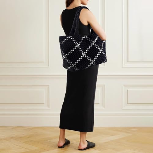 Woven Bag for Women, Large Neoprene Tote Bag Summer Beach Handbag Purse Retro Handmade Travel Shoulder Bag Set - color: Black-s
