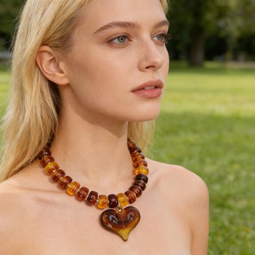 Chunky Colorful Beaded Statement Boho Summer Beach Chokers Necklace Heart Pendant Pink Green Yellow Brown Fashion Jewelry - color: Gold-brown4