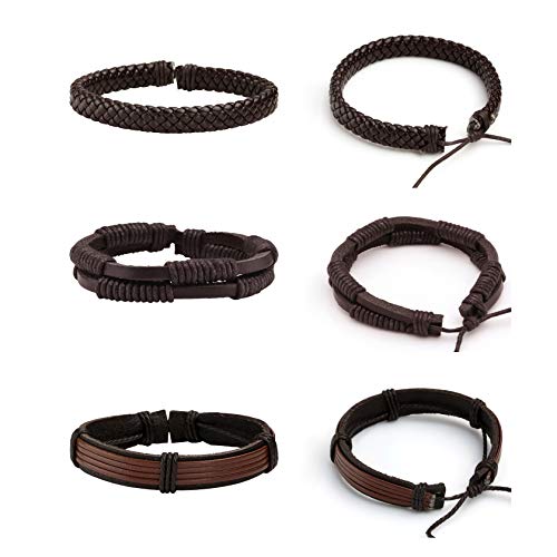 MILAKOO 6 Pcs Punk Braided Leather Bracelets for Men Women Cuff Wrap Wristbands Adjustable - color: Brown