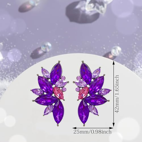 Bohemian Statement Sparkly Colourful Fancy Rhinestone Crystal Flower Dangle Drop Stud Earrings Vintage Wedding Bridal Prom Earrings for Women - color: Purple Pink