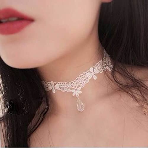 Boho Black Crystal Lace Choker Necklace Tassel Black Teardrop Necklace Choker Gothic Droplet Rhinestone Collar Necklace Retro Vintage Necklace Chain Jewelry for Women and Girls(Black A) - color: White A