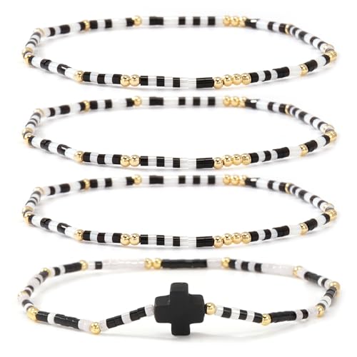 Gold Colorful Beaded Cross Bracelet Stack Set for Women,Handmade Bohemian Seed Beads Stacked Bracelets Fashion Holiday Jewelry Gift - color: Black