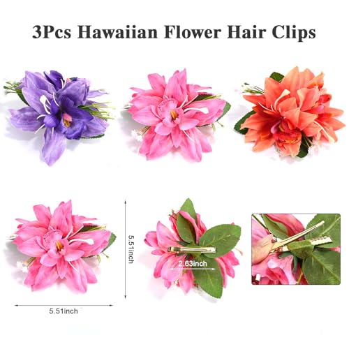 3 PCS Hawaiian Flower Hair Clips for Women，Artificial Flower Clips tropical party decorations，Hibiscus Hair Accessories for Wedding Bridal Beach Party - Orchid - color: Orchid