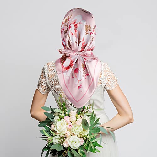 NZKNP Silk-Like Head Scarf - Women's Bandana Wraps - color: 23-pink Flowers, size: 35"*35"