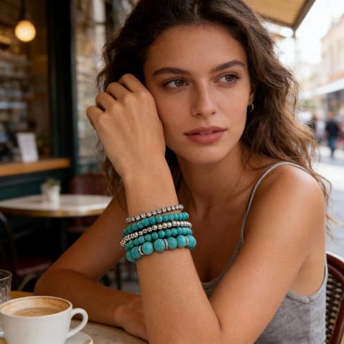 Boho Blue Turquoise Bracelet Set Rhinestone Tennis Bracelets Silver Round Ball Bracelet Turquoise Stone Beaded Bracelets Multilayer Stackable Bracelet Jewelry for Women