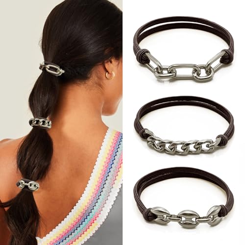 Bracelet Hair Ties, Brown Elastic Ponytail Holders Hair Ties with Silver Jewelry for Girls Women Cute Stretchy Hair Tie Accessories for Girls Gifts (DK Brown with Silver) - color: DK Brown-05