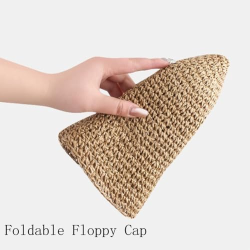 Women Straw Sun Hat Summer Beach Hats Foldable Floppy Cap Wide Brim Bucket Hat Solid Handmade Sun Protection Caps - color: Beige-brim3.1"