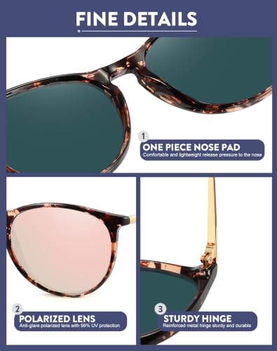WOWSUN Retro Polarized Sunglasses Womens Trendy Round Classic Glasses - color: Black + Tortoiseshell Frame Pink Mirrored+ Blue Transparent Frame Blue Mirrored