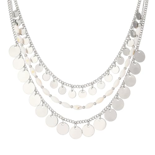 Noessla Layered Beaded Chunky Necklace for Women Boho Two-color Shell Statement Necklace Fashion Collar Costume Jewelry Gifts for Mum - color: 94-White