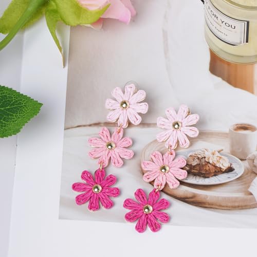 Raffia Flower Earrings Boho Handmade Straw Wrapped Drop Dangle Earrings for Women Summer Beach Jewelry - color: pink