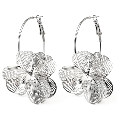 Gold Flower Earrings for Women Boho Orchid Earrings Floral Hoop Petal Earring Prom Wedding Jewelry - style: B:SILVER