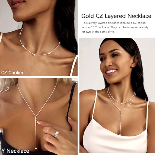 Luxval Lariat Silver Necklace for Women, Dainty Long Necklace Silver Y-Shaped Pendant Necklaces Trendy Beaded Chain Drop Necklaces Jewelry for Women Gifts - color: Silver-Layered 4CZ Y Necklace