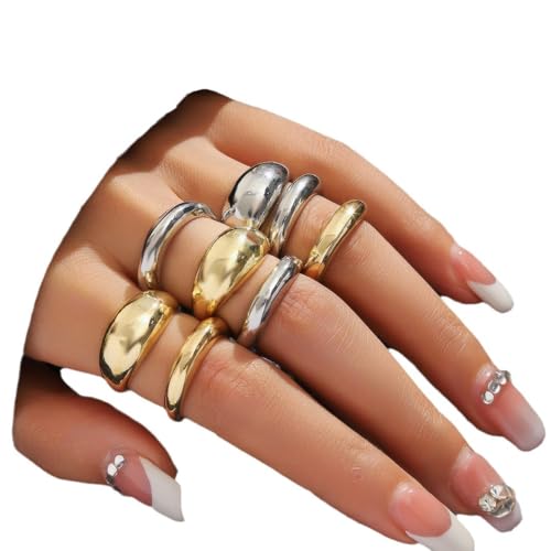Chunky Rings for Women Adjustable Thick Rings Set Trendy Statement Stackable Ring for Women Chunky Jewlery Irregular Dome Flower Finger Knkuckle Thumb Ring - style: Style 4 - 8pcs tt