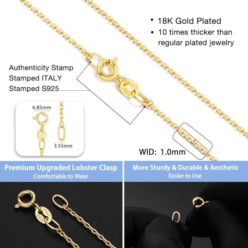 Jewlpire 18k Gold Plated 925 Sterling Silver Chain Necklace for Women, 1mm Cable Chain Necklace Sturdy & Shiny Women's Chain Necklaces 14 16 17 18 20 22 24 Inch - color: 18K Gold Plated, size: 18 Inch