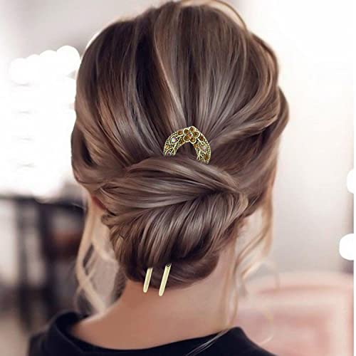 yueton 4PCS U Shaped Alloy Rhinestone Hair Sticks Vintage Double Prong Hair Sticks Retro Hair Chopsticks Hair Forks Hairpins Hair Pins Chignon Pins Long Hair Decorations Hair Styling Pins for Buns