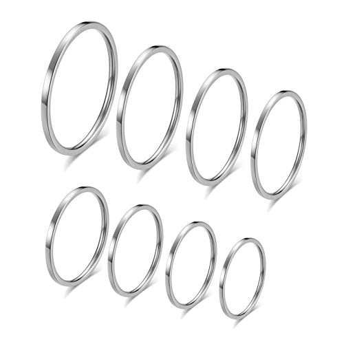 8pcs 1MM Thin Stainless Steel Knuckle Midi Stacking Rings for Women Plain Band Comfort Fit - color: Flat - Silver 8pcs(size 3 to 10)
