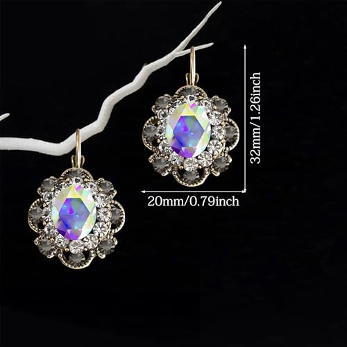 Handmade Bohemian Vintage Gold Sparkly Crystal Round Flower Leverback Earrings Cute Rhinestone Geometry Dangle Drop Earring for Women - color: Colorful Grey