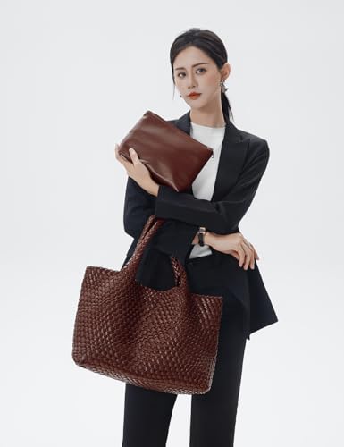 Handmade Woven Tote Bag for Women, Soft Vegan Leather Shoulder Bag with Purse, Large Travel Handbag - color: Red-brown