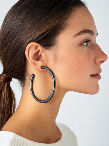 Stainless Steel Chunky Hoop Earrings For Women, Minimalist and Chic, Black/Gold Plated, Round Hoops Earrings Hypoallergenic, Size: 30mm/40mm/60mm/80mm, Come with Box - color: 2. Black, size: 60MM