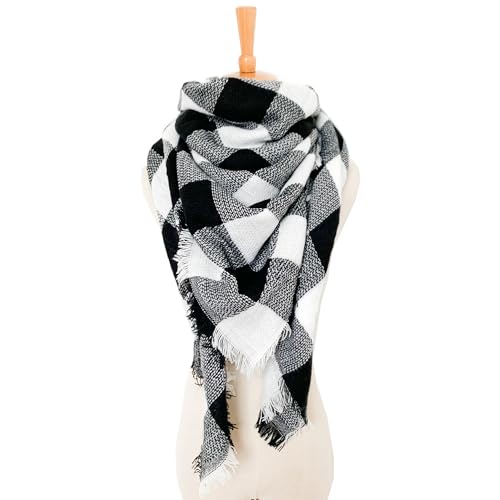 Wander Agio Womens Warm Long Shawl Winter Wraps Large Scarves Knit Cashmere Feel Plaid Triangle Scarf - color: Black White 35