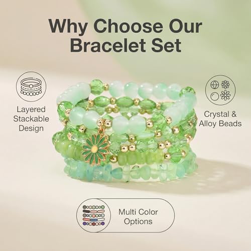 LOTSOF Boho Flower Beaded Bracelet Set for Women - Multilayer Crystal & Flower Charm Stackable Bracelets, Fashion Jewelry Gift for Her - color: Green