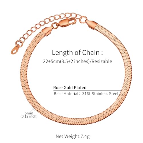 ChainsHouse Ankle Bracelets for Women, Stainless Steel Chain Anklets Waterproof, Women Summer Beach Jewelry Gift, Come with Box - color: 10. 5mm-Herringbone-Rose Gold
