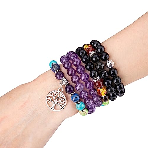 108 Mala Beads Necklace 7 Chakra Buddhist Prayer Beaded Bracelet Tree of Life Pendant Stone Yoga Necklace - color: Amethyst-Obsidian