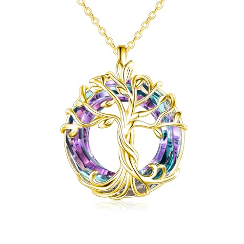 TOUPOP Tree of Life Necklace Gifts for Women 925 Sterling Silver Family Tree Pendant with Crystal Birthday Irish Jewelry Gifts for Women Her Wife Mom - color: 03-Gold-Purple Crystal