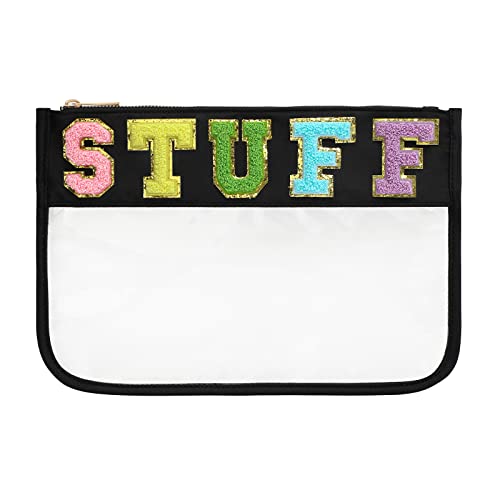DYSHAYEN Chenille Letter Clear Zipper Pouch for Travel,Nylon Clear Cosmetic Bag,Makeup Travel Bag for Women Girls 11.8 Inches x 8.2 Inches - color: Black-Stuff