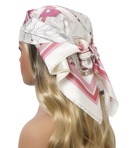 CHUNG Women's Scarf Hair Bandanas Square 27.5" Satin Wrap Fashion Pattern Scarves Emulation Silk Handbag Ribbons Necktie - color: Pink Sailboat
