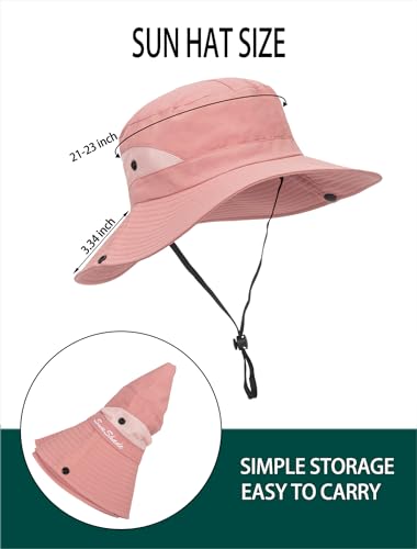 Womens Summer Sun Hat Beach Hat Wide Brim Outdoor UV Protection Hat Packable Mesh Bucket Hat with Ponytail Hole - color: Solid Pink
